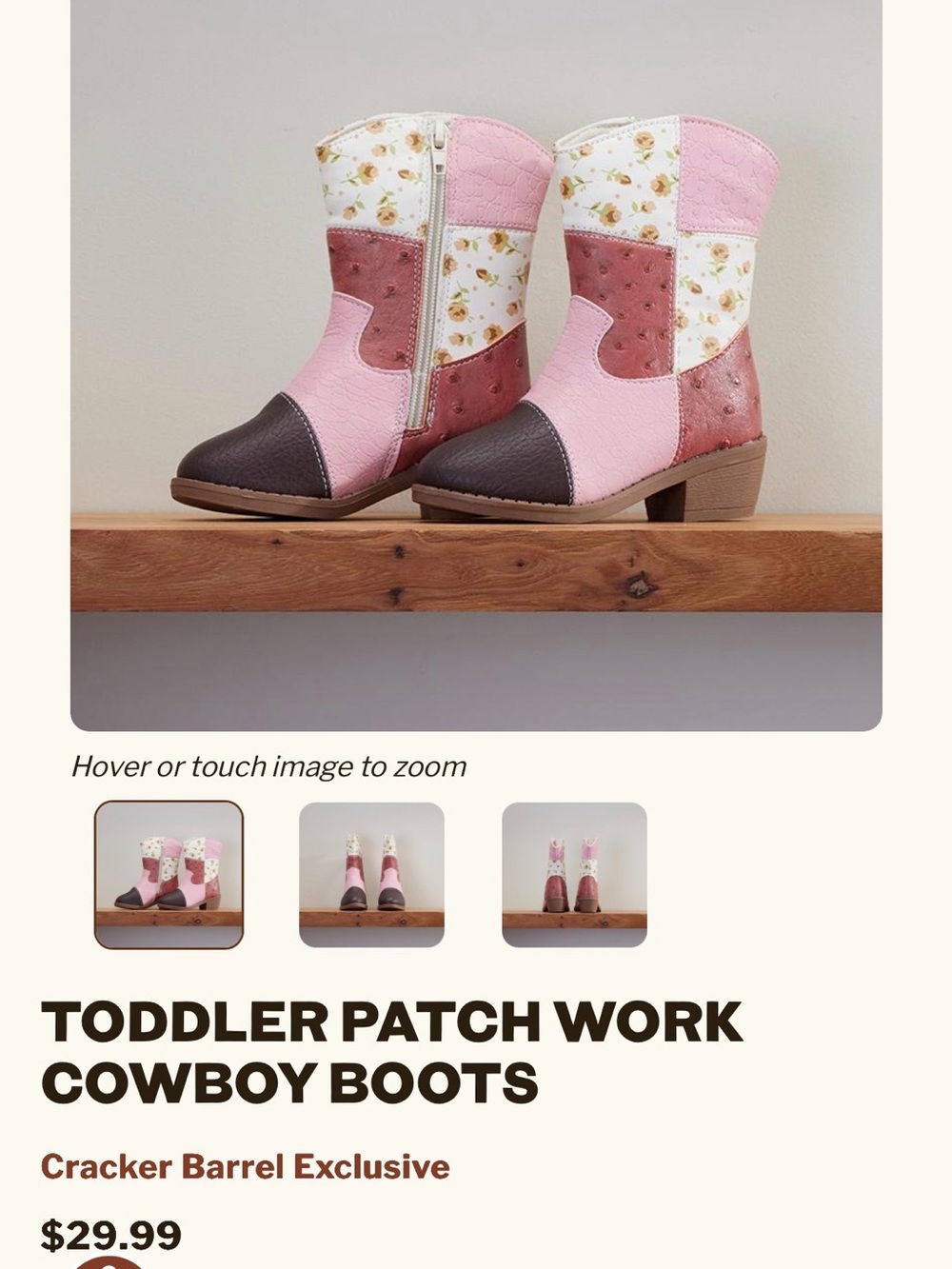 Cracker Barrel Pink Patchwork Toddler Cowboy Boots